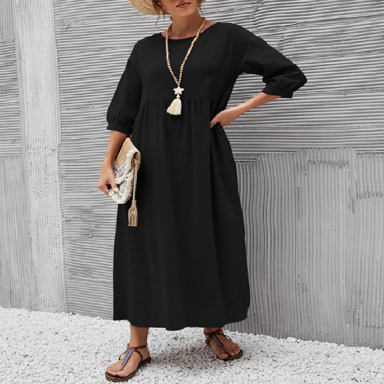 Levoire | Chic Robe Ample Unie à Manches Bouffantes noir