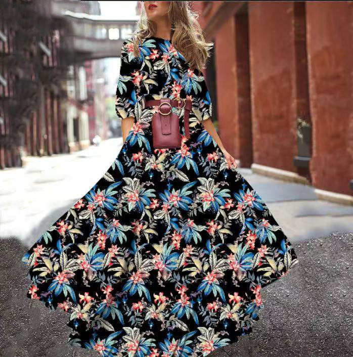 Levoire | Dress décontracté lumineux de vacances longue Motif floral sur fond noir