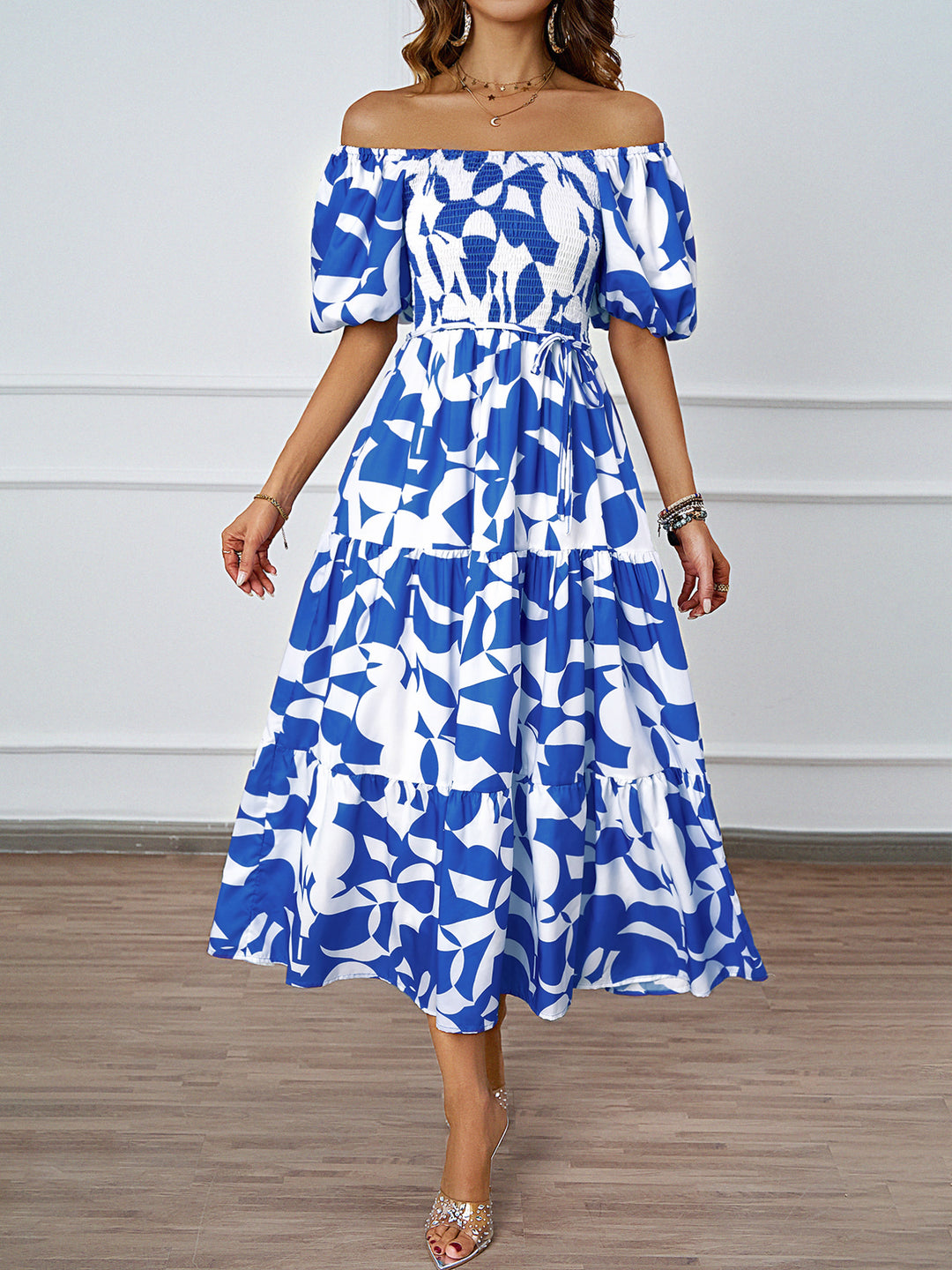 Robe Maxi Femme à Epaule Dégagée avec Manches Volumineuses et Imprimé Levoire
