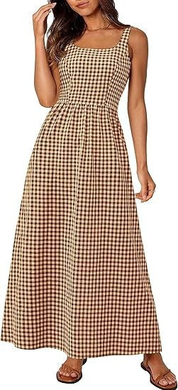 Robe maxi femme à motif à carreaux classique avec bretelles réglables et taille élastique Levoire