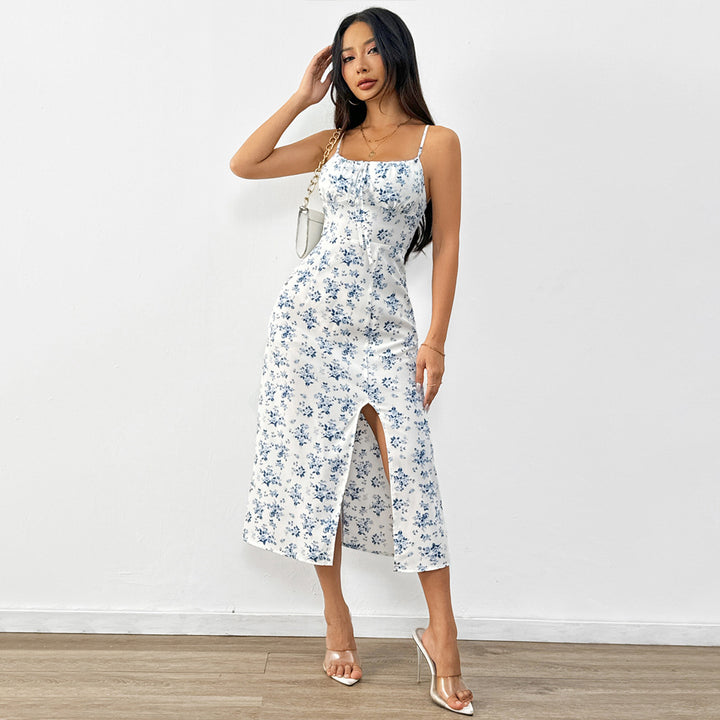 Robe maxi pour femmes avec motif floral et élégantes bretelles spaghetti Levoire
