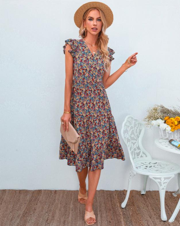 Robe évasée pour femmes avec des manches voluminées à volants et des détails floraux Levoire