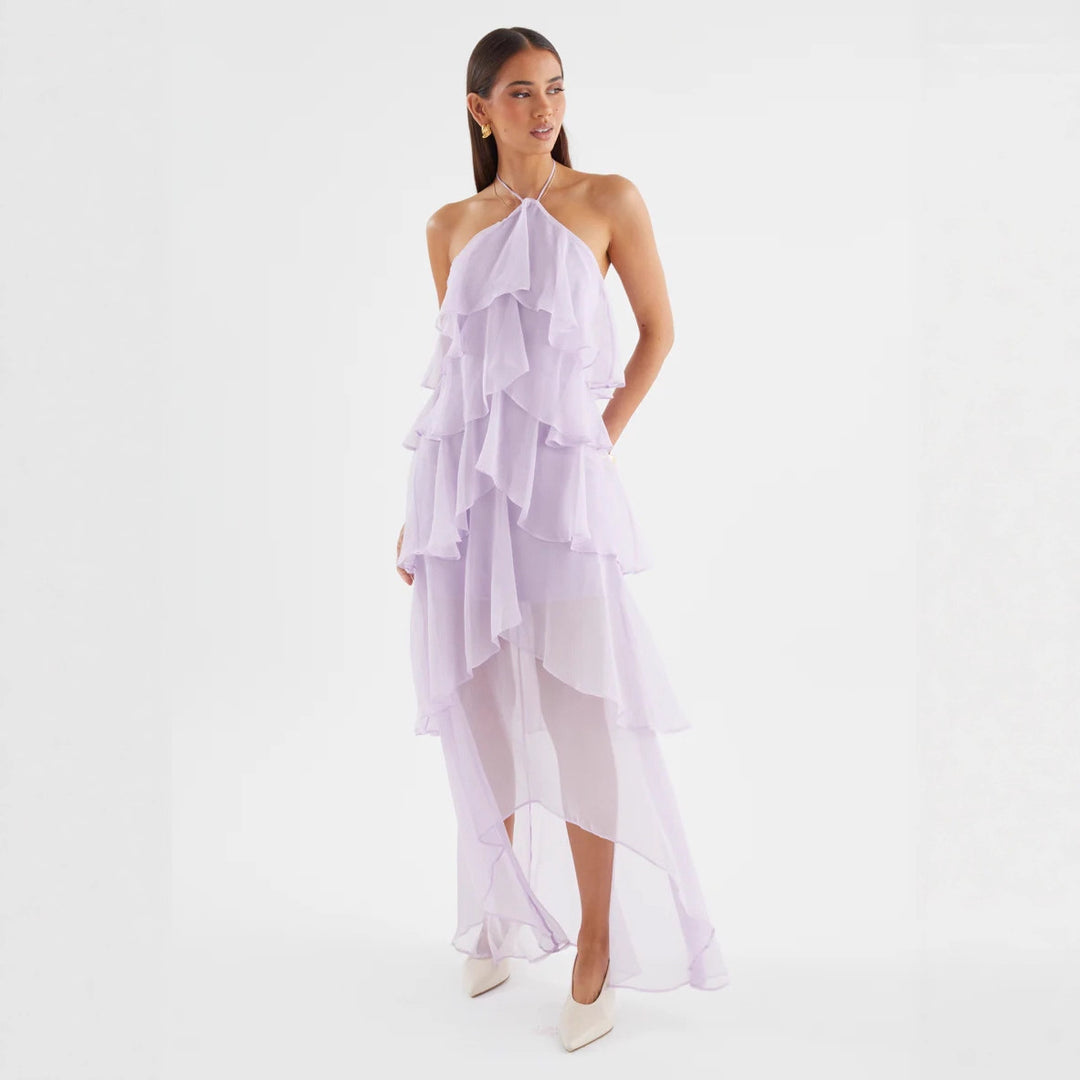 Robe maxi aérienne pour femmes avec volants fluides et col halter chic Levoire
