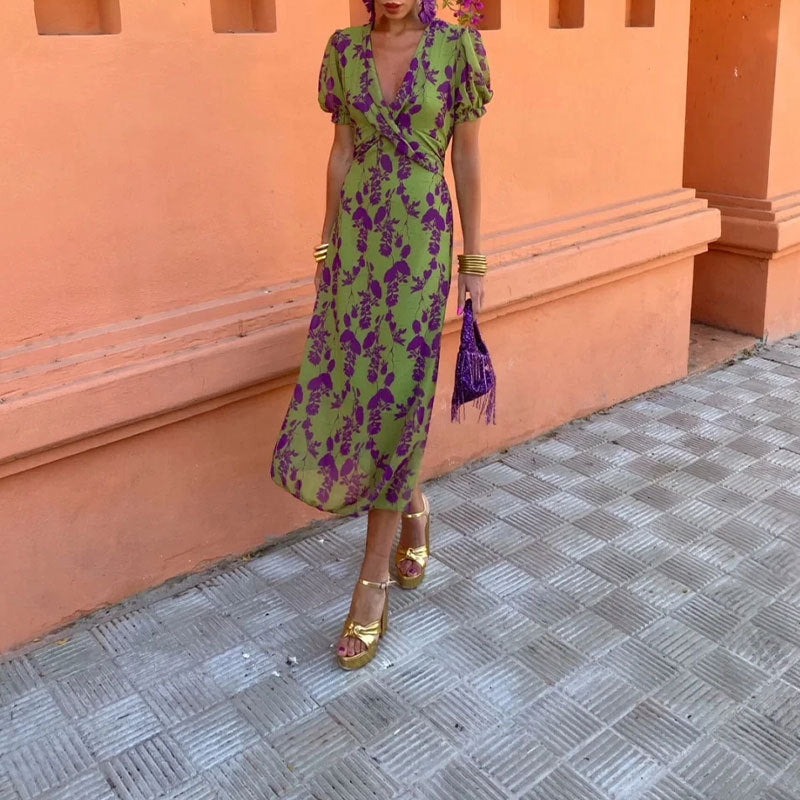 Robe maxi pour femmes avec décolleté en V profond et motif diamant artistique Levoire