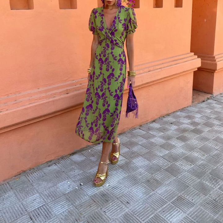 Robe maxi pour femmes avec décolleté en V profond et motif diamant artistique Levoire