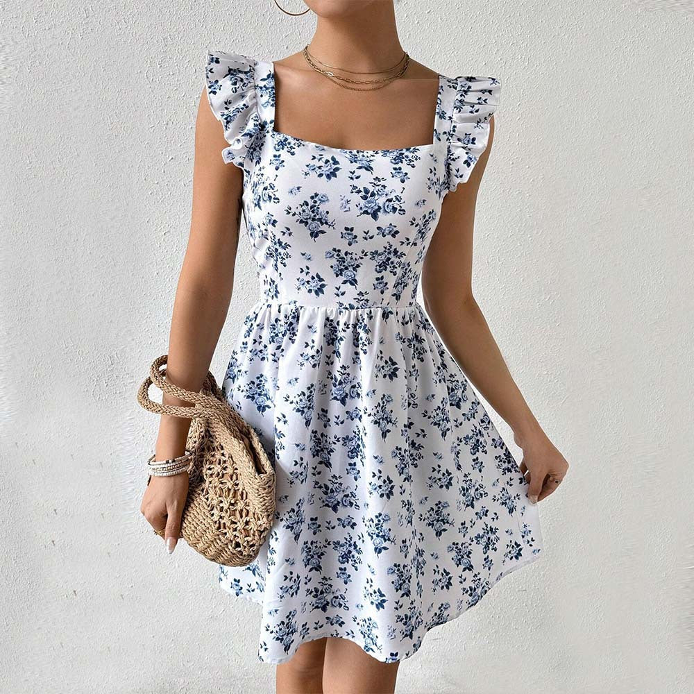 Robe d'été florale pour femmes avec des détails en volants et un décolleté carré Levoire