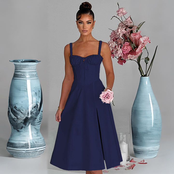 Robe Midi Élégante pour Femmes avec Décolleté en V Profond et Élément de Taille Raffinée Levoire