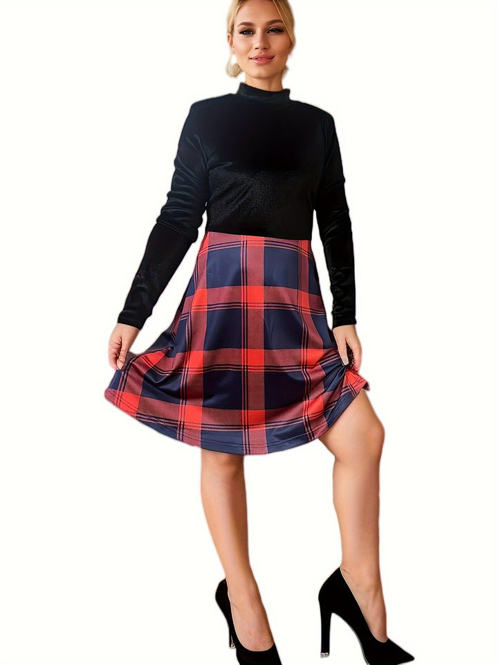 Robe femme à col haut à motif à carreaux avec jupe fluide Levoire