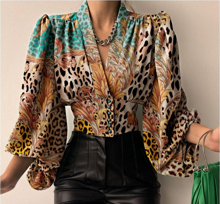 Levoire | Haut à manches bouffantes à décolletage en V romantique motif Leopardi