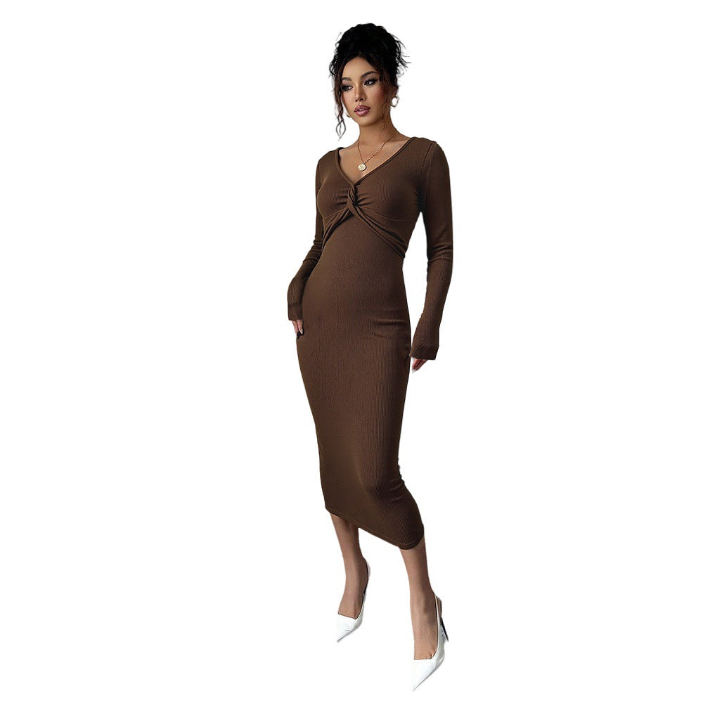 Robe midi en jersey ajustée pour femmes avec détail torsadé et manches longues Levoire