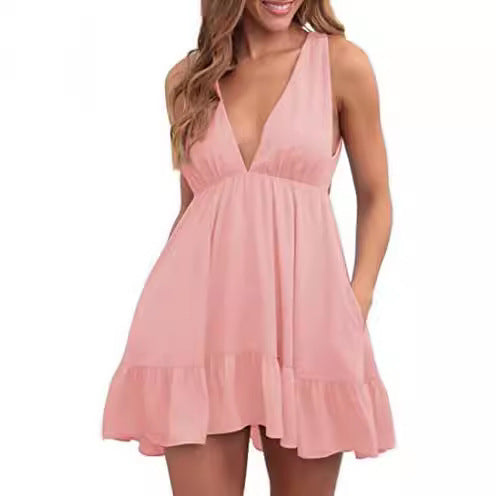 Robe mini décontractée pour femmes avec décolleté en V et détails à volants Levoire