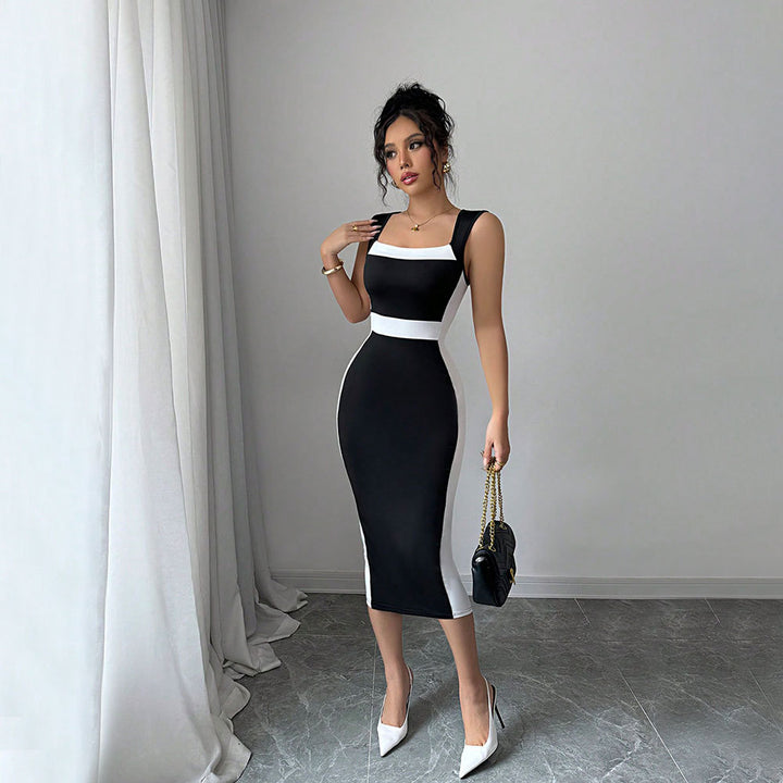 Robe midi ajustée pour femmes avec une coupe contrastée à la mode et des bretelles fines Levoire