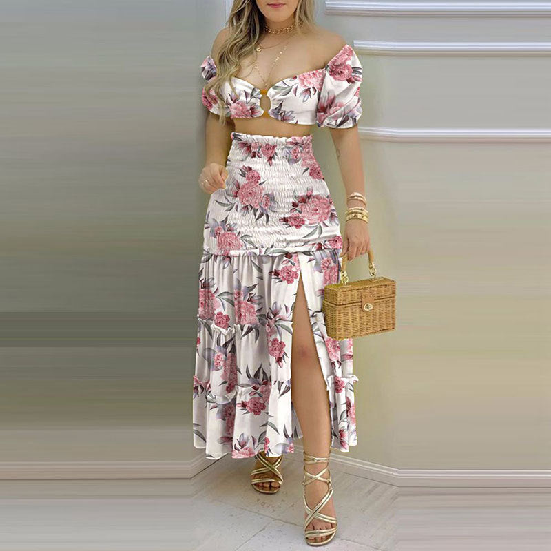 Robe d'été deux pièces pour femmes en tissu froissé avec manches bouffantes et fente haute Levoire