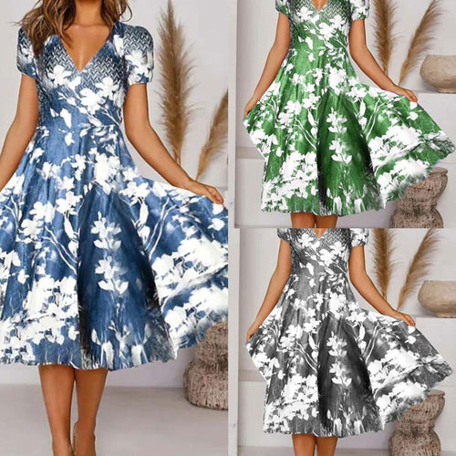 Levoire | Rento Print V-décolleté À Manches Courtes Robe Évasée