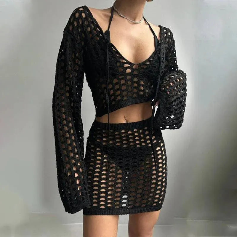 Levoire | Ensemble Robe de Plage Femme Polyester Blanc Noir Marron S-XL Noir