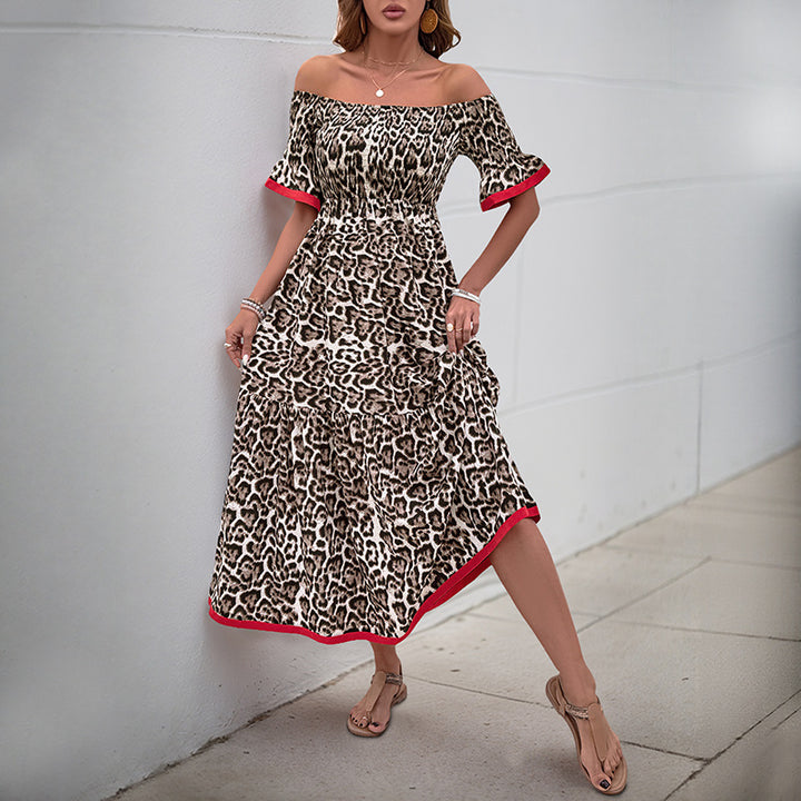 Robe maxi off-shoulder pour femmes avec détails en volants et imprimé animalier Levoire