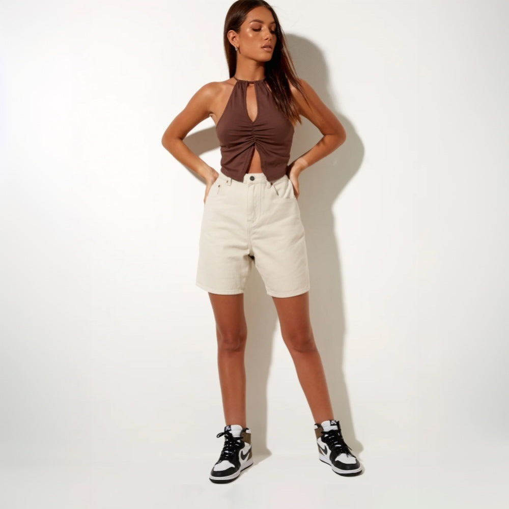 Haut halter pour femmes avec décolleté en forme de clé raffiné et fronces Levoire