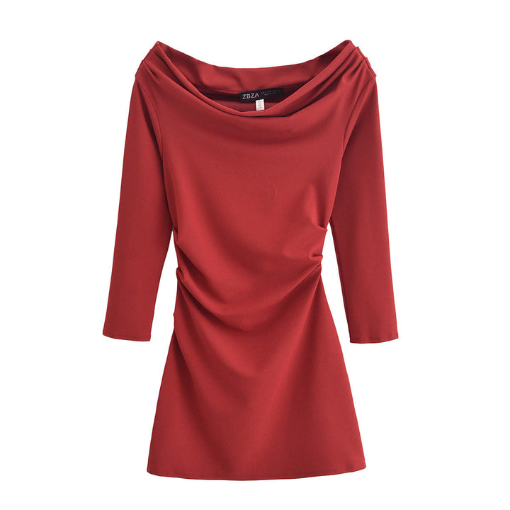 Levoire | Robe mini à épaule drapée tendance à manches longues Bordeaux