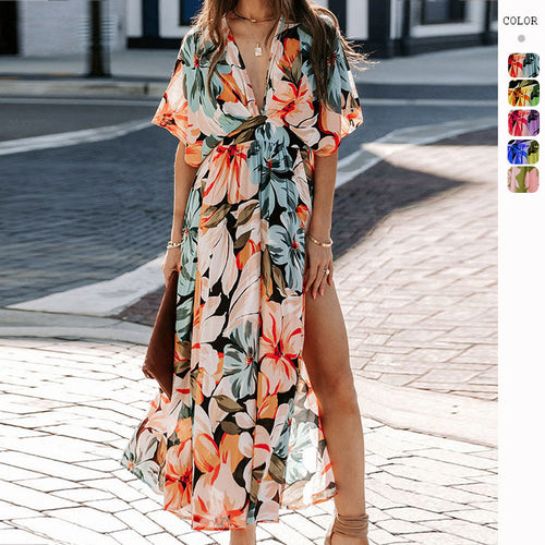 Robe Maxi Femme avec Décolleté en V Profond et Fente Latérale Levoire