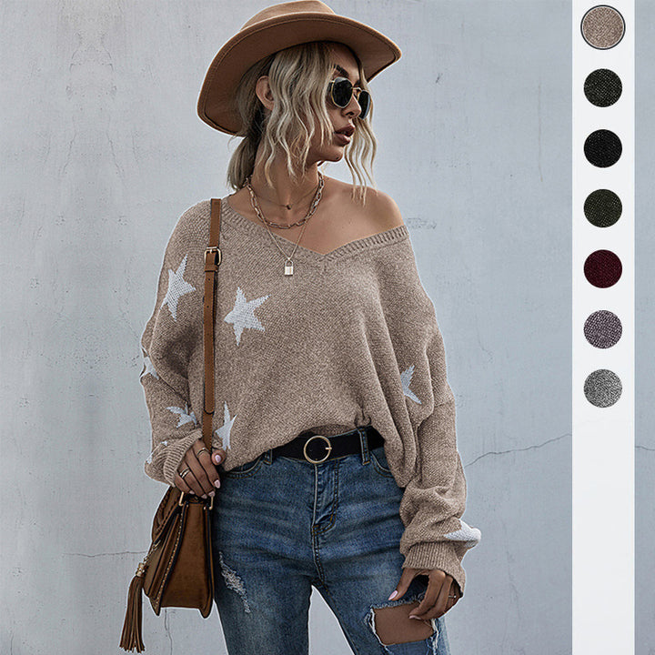 Sweater oversize pour femmes avec motif étoilé et décolleté en V profond Levoire