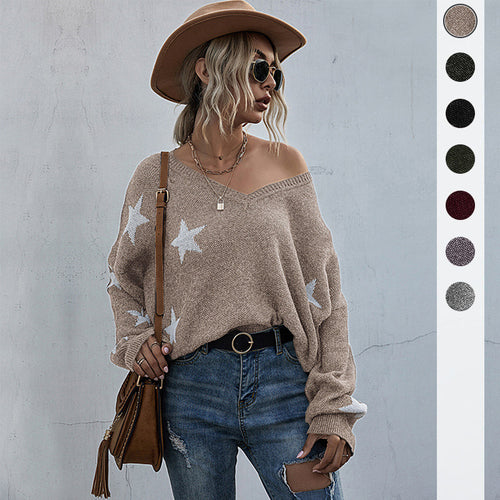 Sweater oversize pour femmes avec motif étoilé et décolleté en V profond Levoire