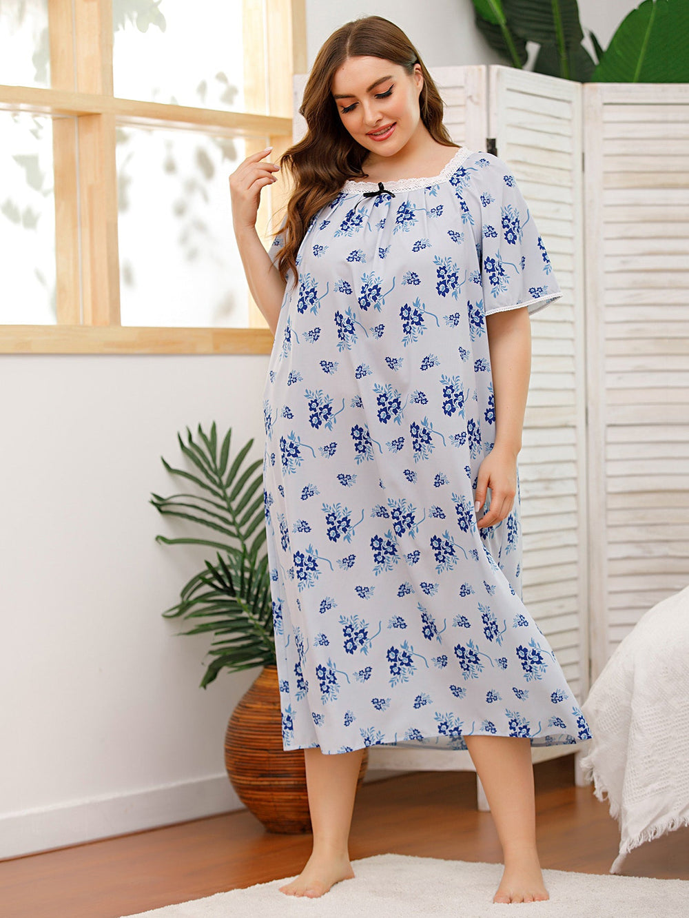 Levoire | Confortable taille plus dentelle ajout impression robe unique XY bleu clair basique bleu foncé petits fleurs
