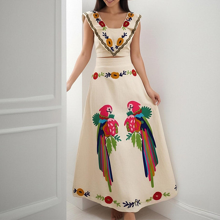 Robe Maxi Élégante pour Femmes avec Broderie Artistique et Manches Volantes Levoire