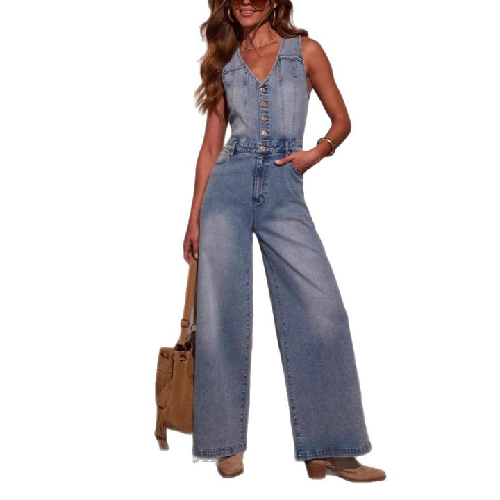Salopette en denim pour femmes avec taille haute et détails en bouton Levoire