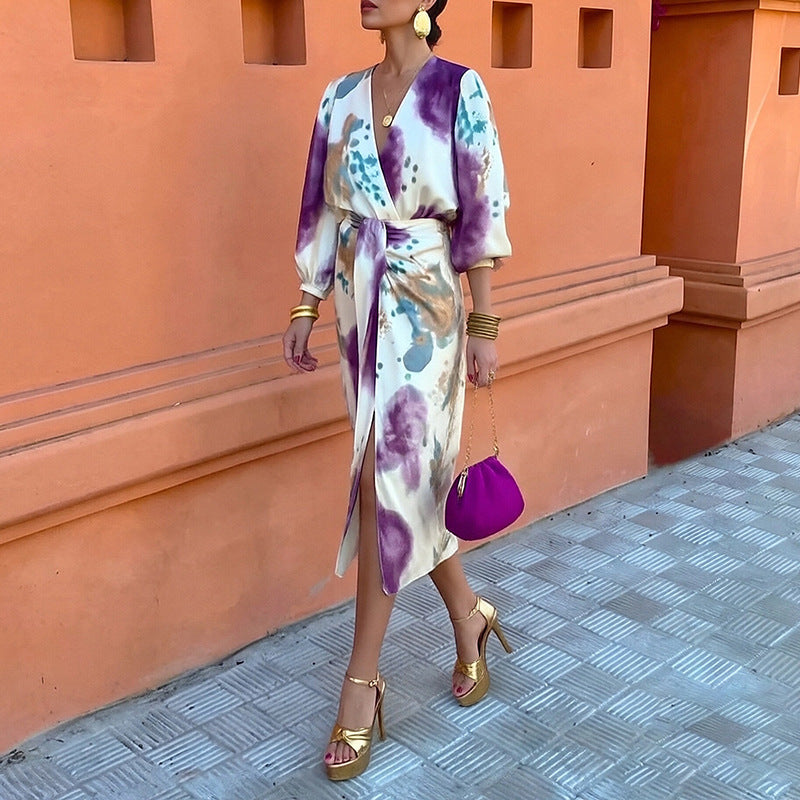 Robe élégante évasée pour femmes avec motif floral et manches larges Levoire
