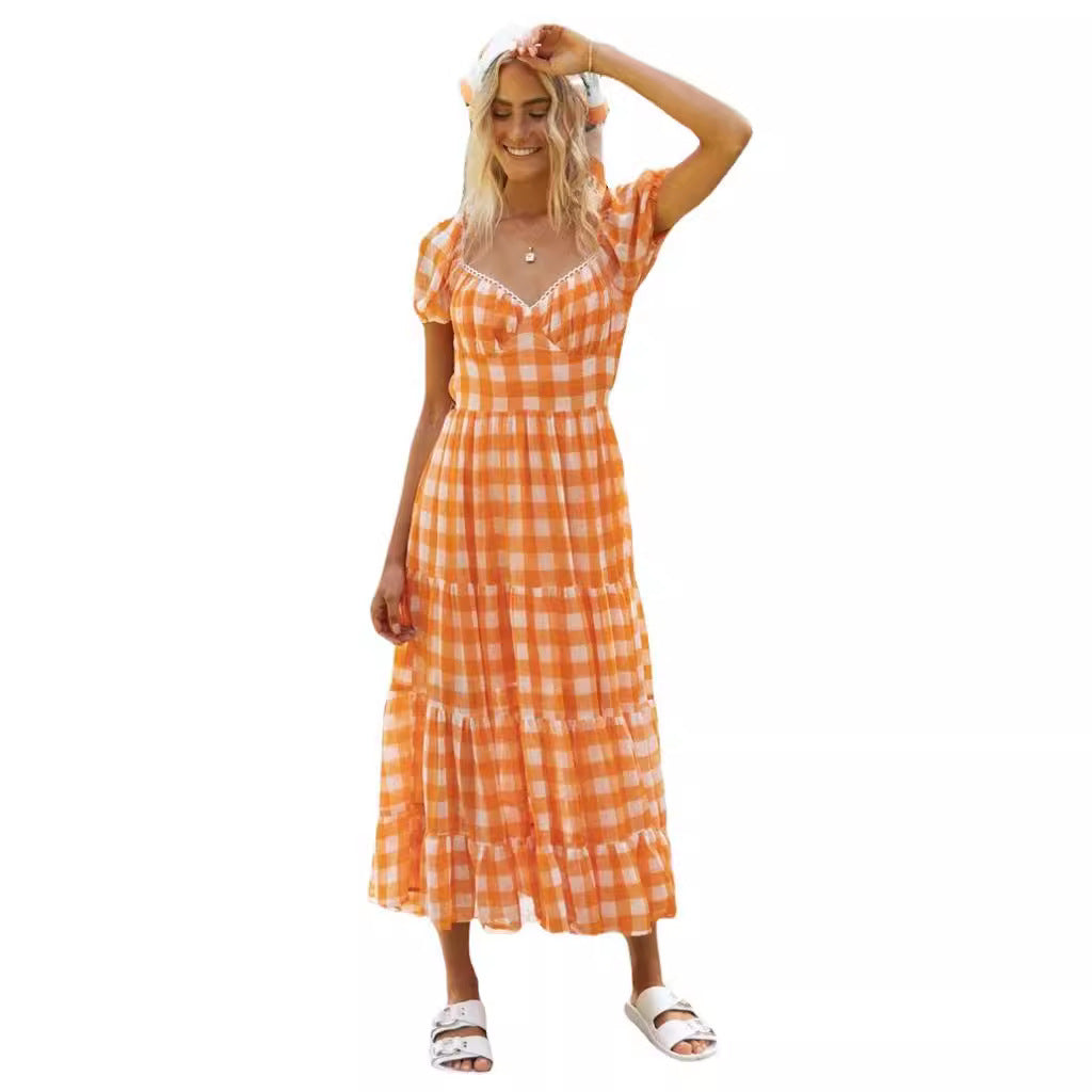 Robe maxi femme avec volant complet et motif à carreaux Levoire