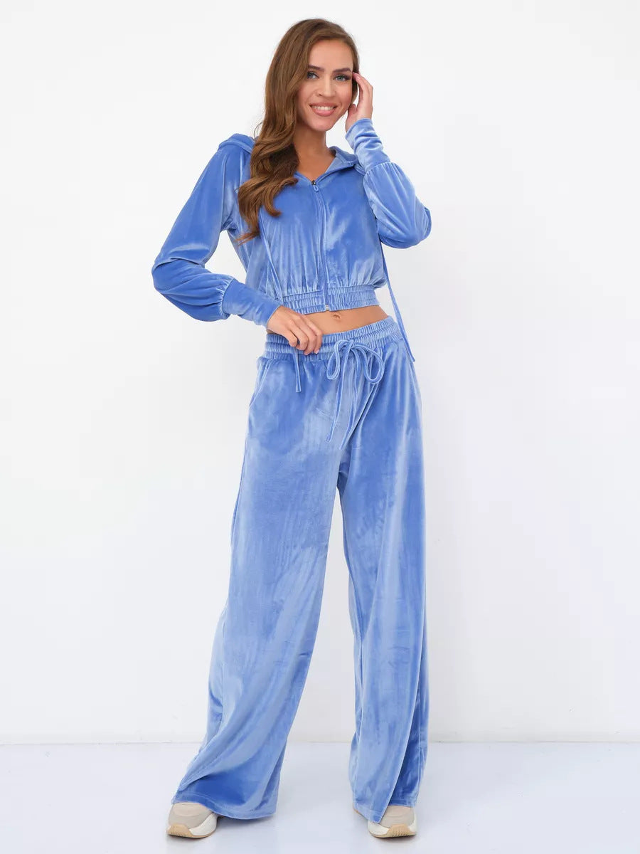 Levoire | Confortable Hopeafox-Velours-Hoodie-Couleur-Pantalon-Set Bleu