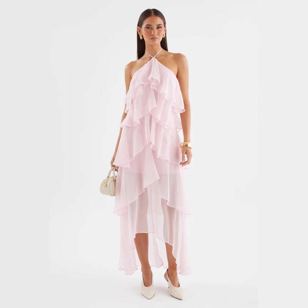 Robe maxi aérienne pour femmes avec volants fluides et col halter chic Levoire