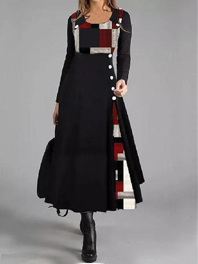 Levoire | Chic V Couleur graphique bouton rond Flare Robe noir