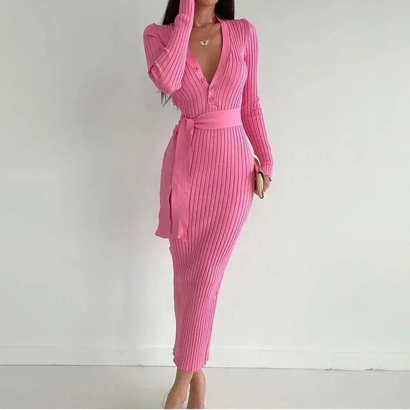 Levoire | Robe femme avec bouton à la taille, fine tricot rayé Rosa