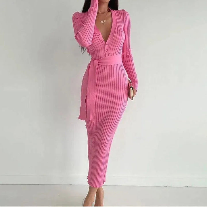 Levoire | Robe femme avec bouton à la taille, fine tricot rayé Rosa