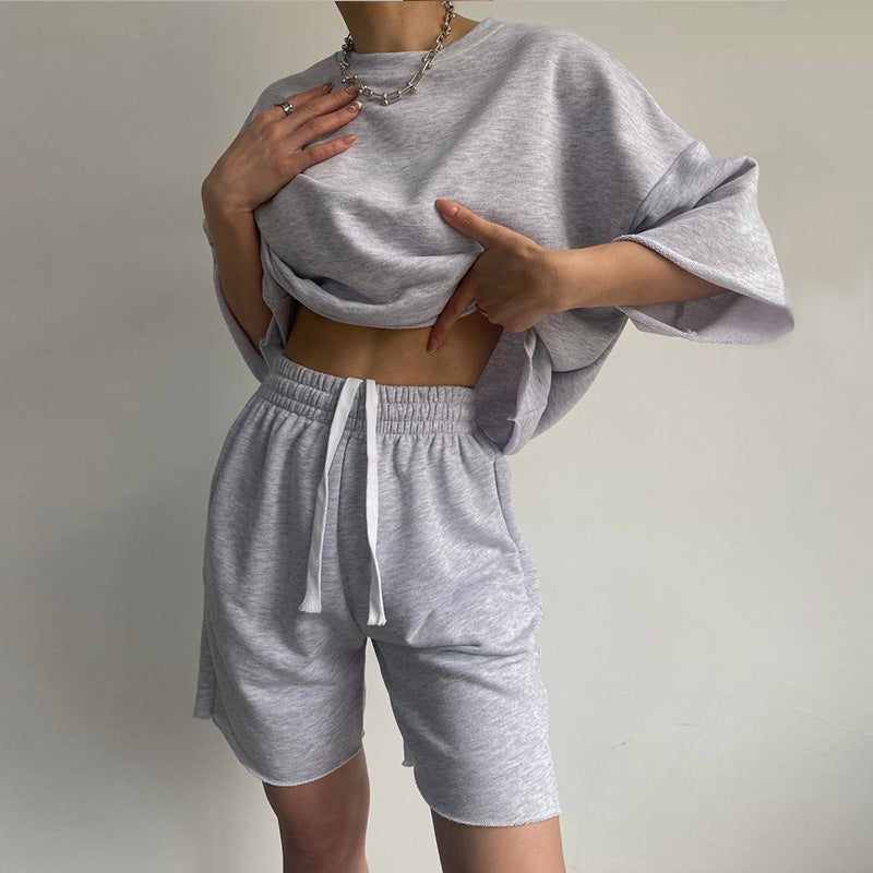 Levoire | Ensemble à deux pièces shorts lié à manches courtes décontracté Gris clair