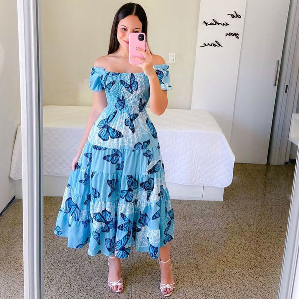 Levoire | Élégant Robe Jupe Grande À Une Épaule Papillon bleu