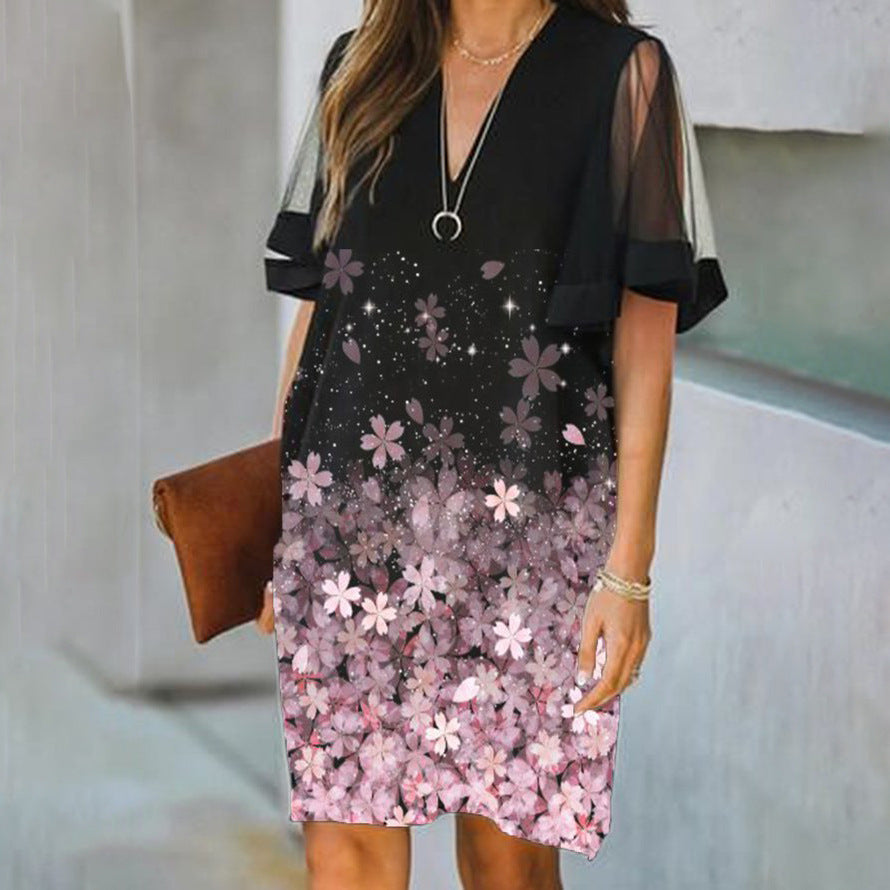 Levoire | Élégant Imprimé Floral Col V Robe à Manches Bouffantes Rosa