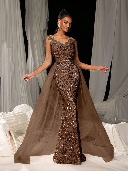 Levoire | Glamouröös Long Long Lamp Party Gown Brun foncé