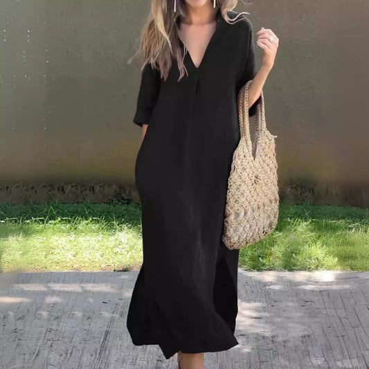 Levoire | Chic Printemps Poche V-Décolleté Midi Robe noir
