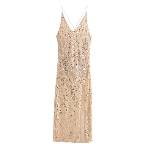 Levoire | Robe maxi à bretelles spaghetti en tissu pailleté brillant