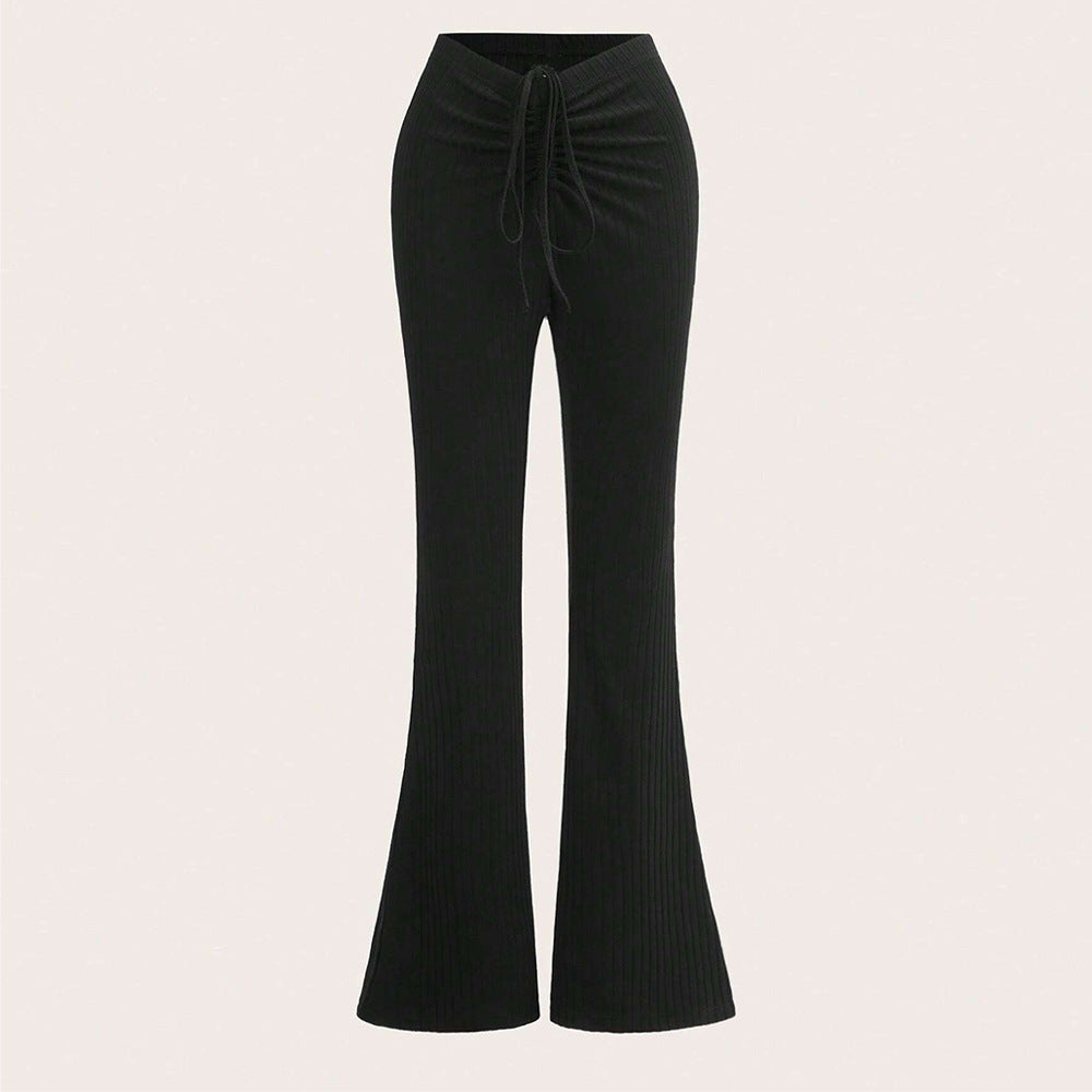 Pantalon à panneaux côtelés pour femmes avec taille haute et cordon de serrage latéral Levoire