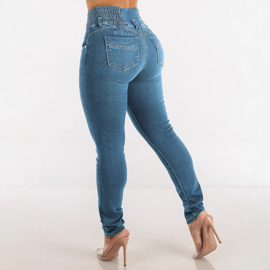 Jeans skinny taille haute pour femmes avec ceinture élastique et boutons décoratifs Levoire