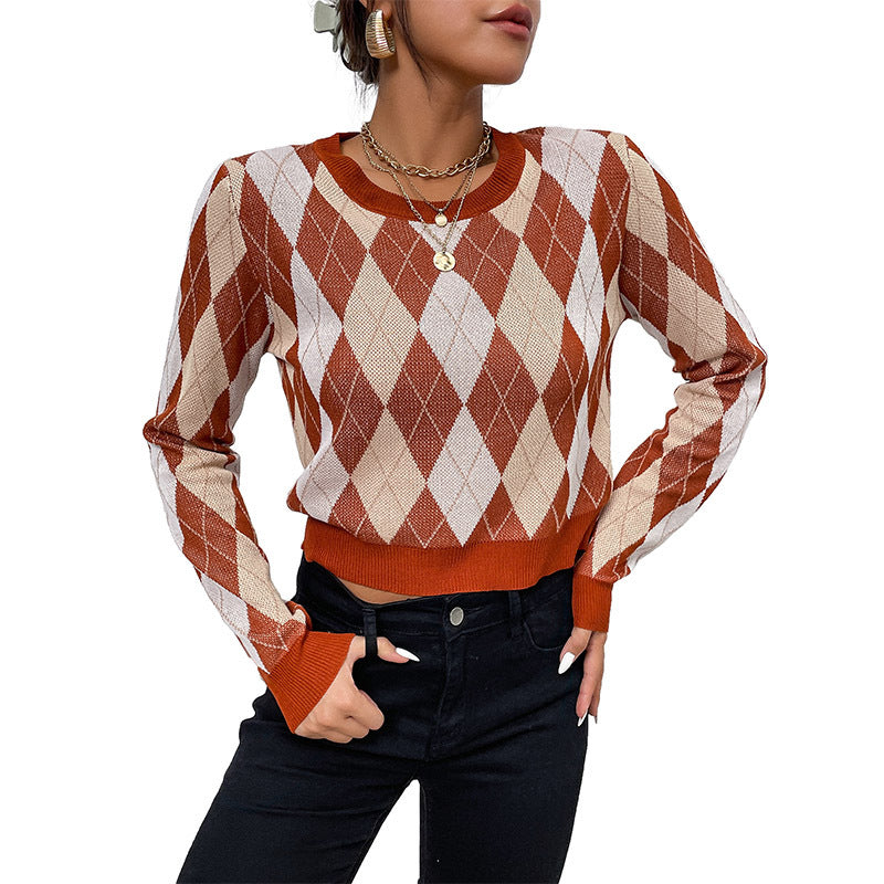 Pull en tricot à la mode pour femme avec motif en losange et coupe décontractée Levoire