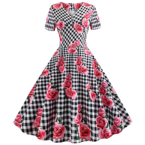 Robe Rockabilly Femme avec Motif Floral à Carreaux Levoire