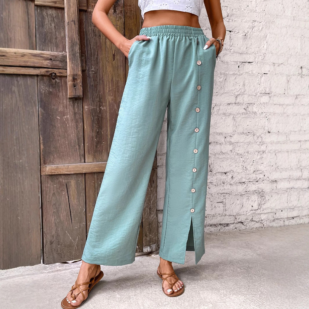 Pantalon de loisir large pour femmes avec fentes latérales et boutons décoratifs Levoire