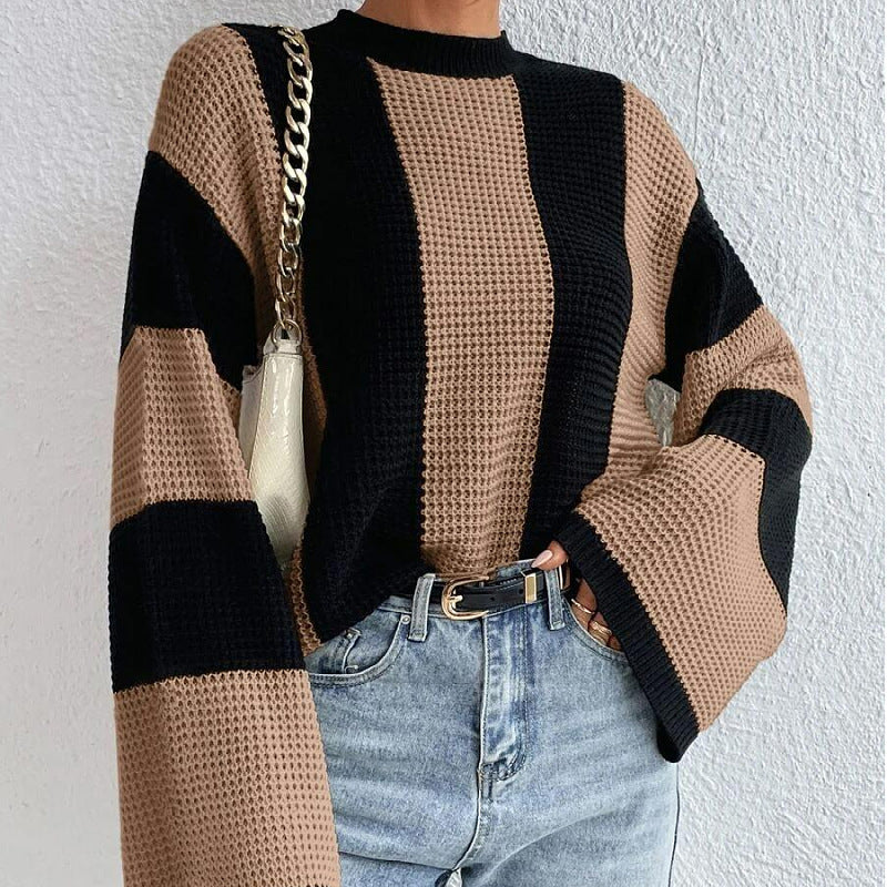Levoire | Pull Long Décontracté À Manches Longues Avec Motif Rayé Et Col Rond Khaki