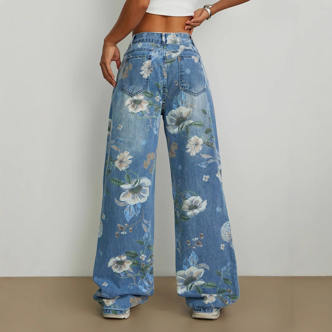 Jeans larges pour femmes avec design floral et taille haute Levoire