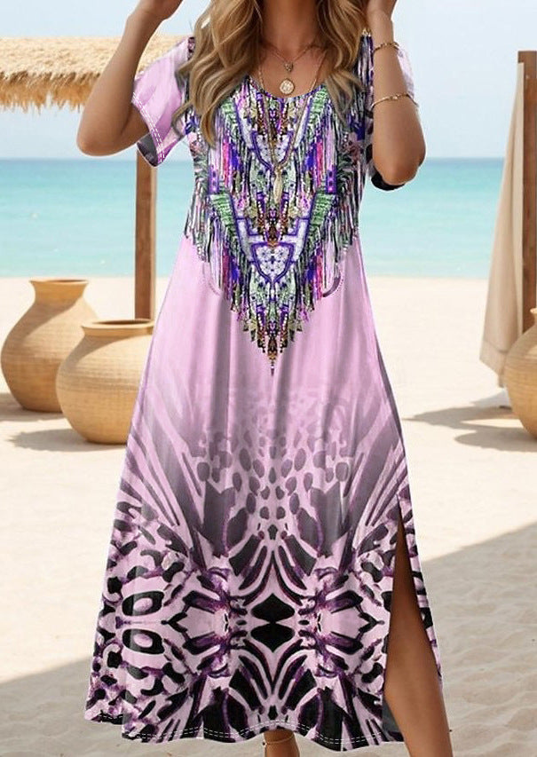 Levoire | Robe longue à col rond à imprimé populaire Violet