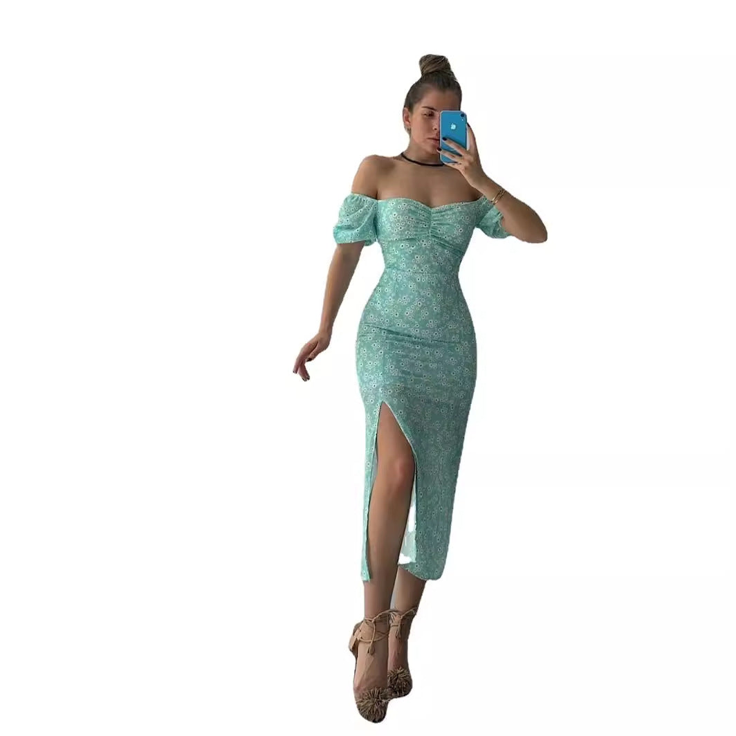 Robe maxi ajustée pour femmes avec manches bouffantes et design floral Levoire